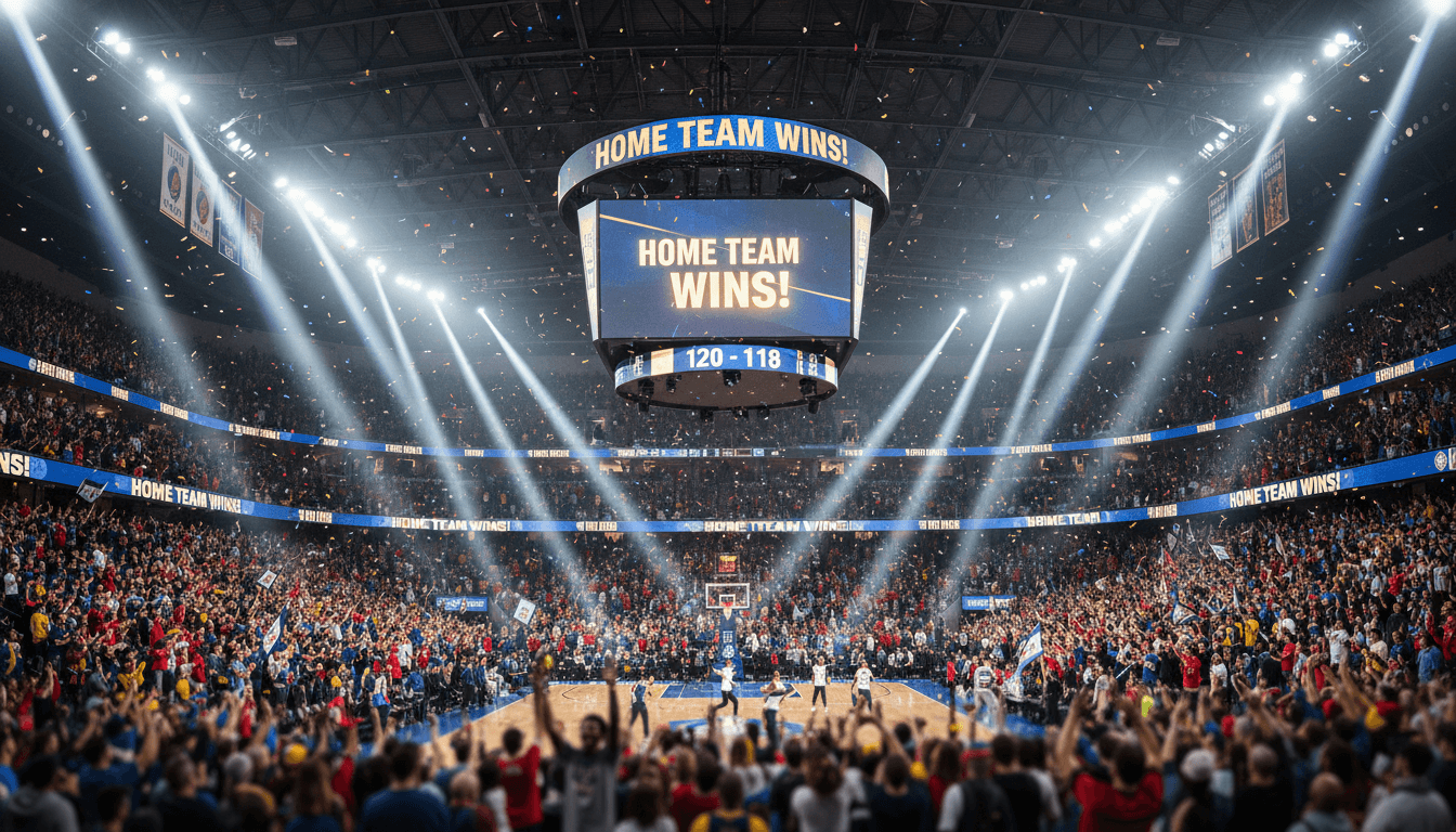 Sports fans cheering in a packed arena under bright lights