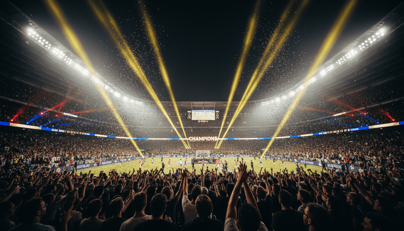 Bright stadium lights glowing over a night sports crowd