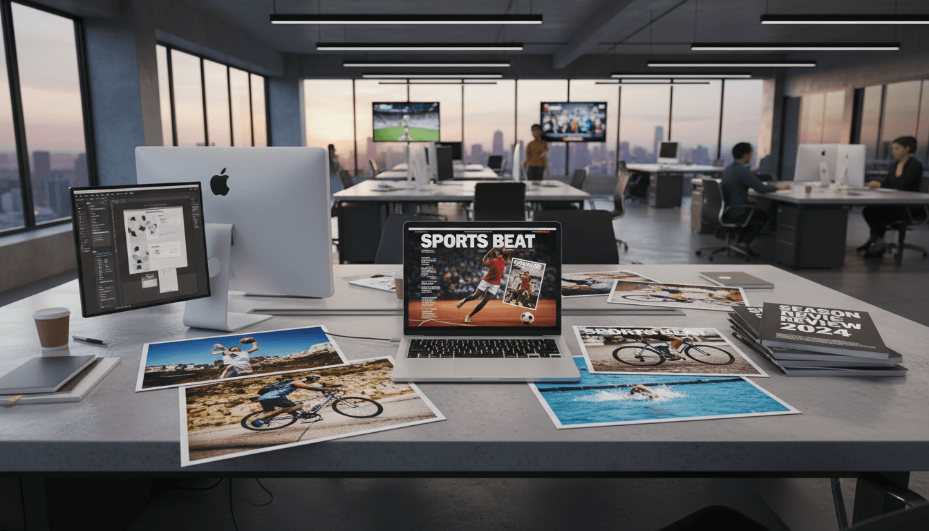Sports magazine editorial desk with a laptop and printed sports photos in a modern office