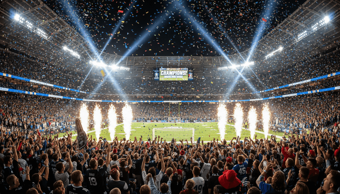 Excited sports fans celebrating in a stadium with confetti falling