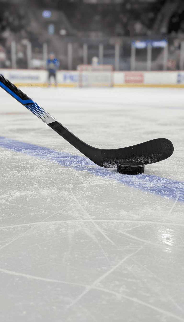 Hockey stick blade and puck before puck drop