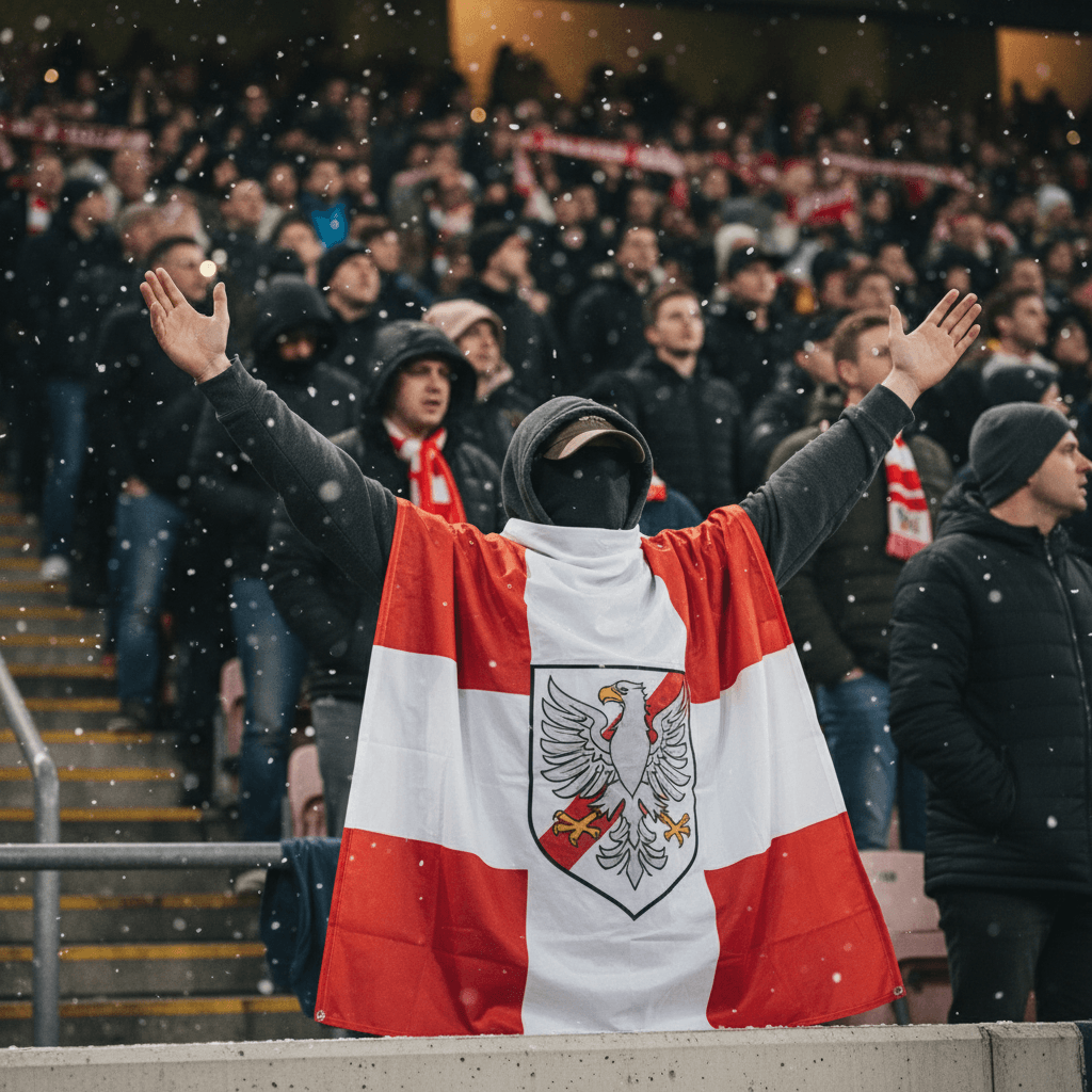 Hooded fan in the stands cheering with a flag draped over shoulders