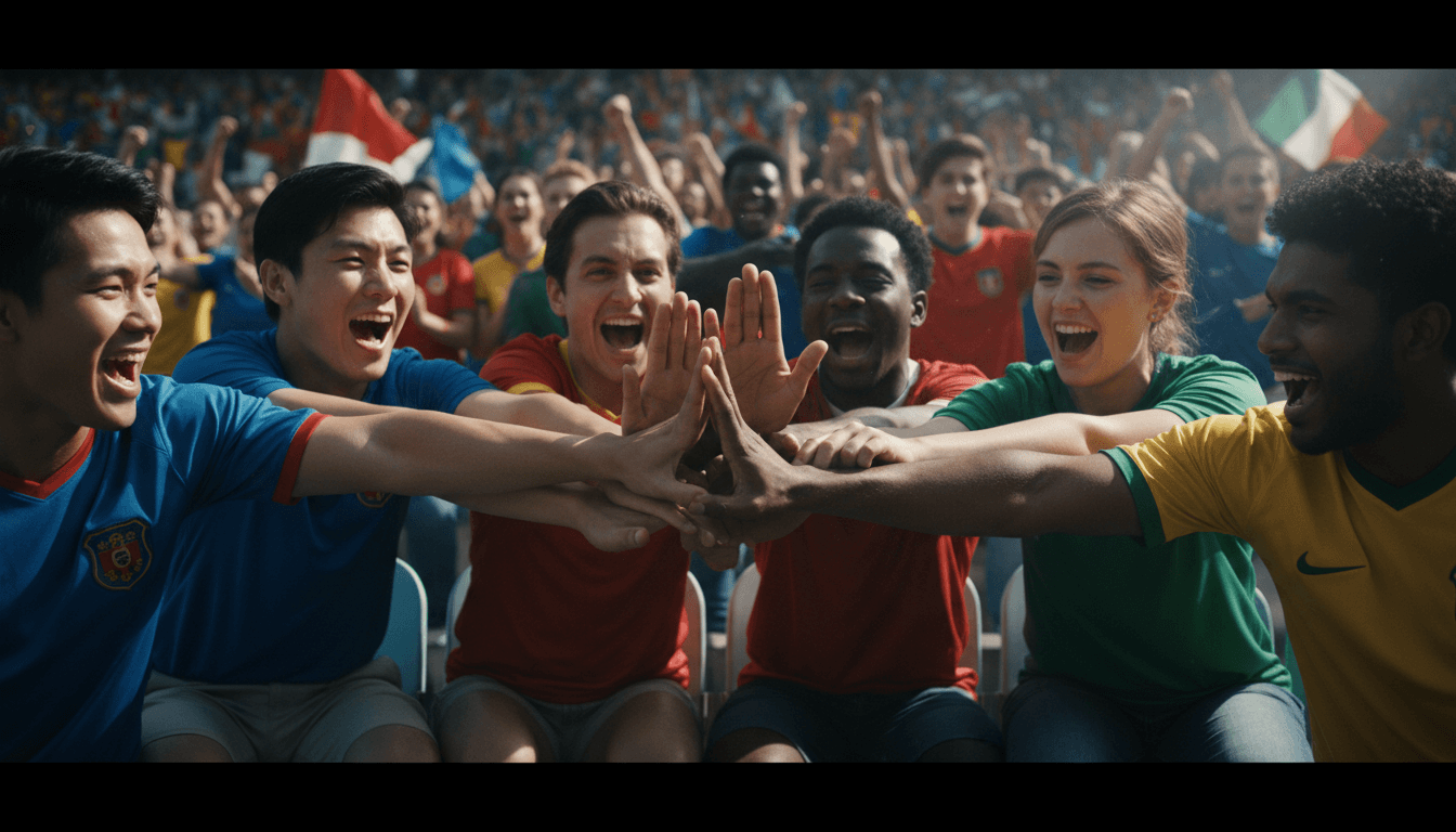 Multiple diverse football fans with hands together in stadium celebrating match moment, showing community unity and shared passion