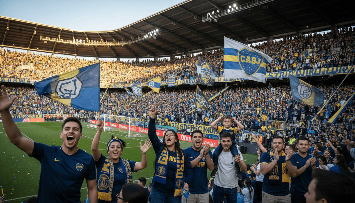 Cheering crowd in stands at sporting event with colorful team gear