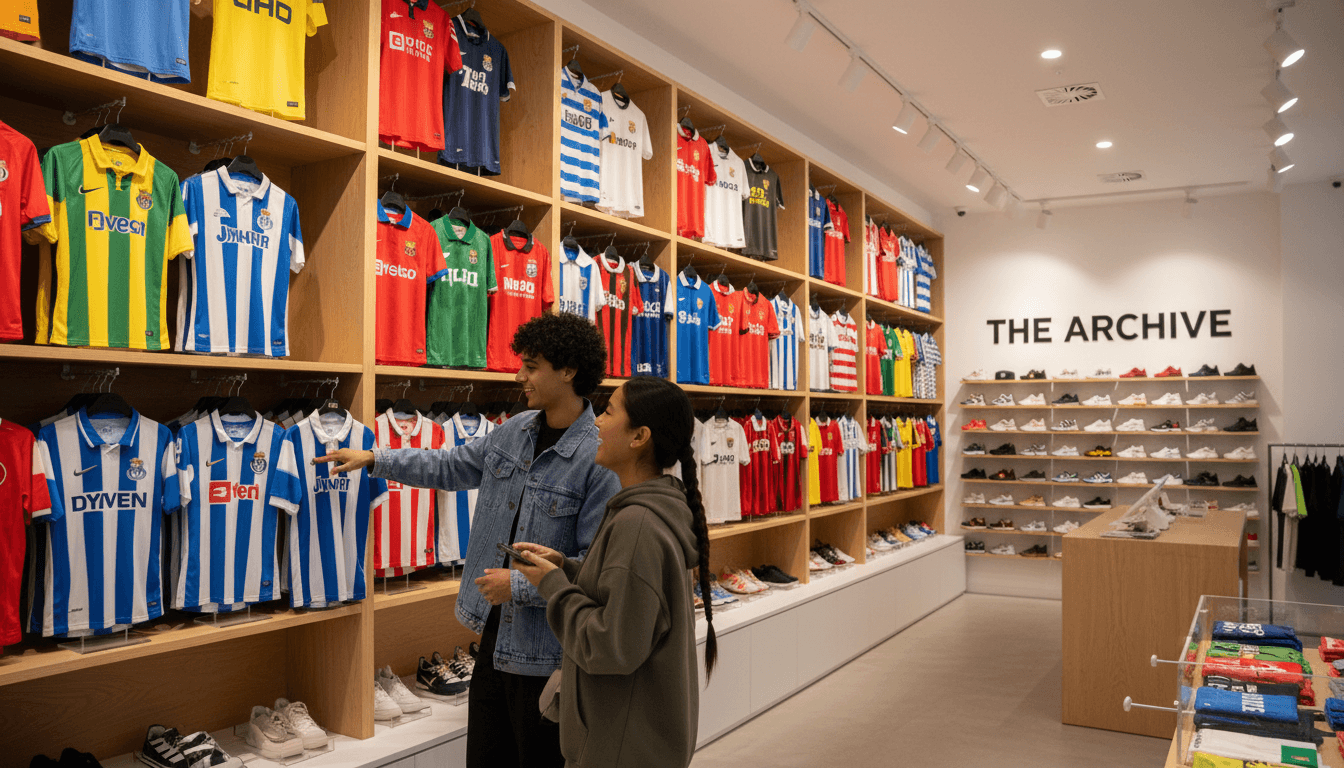 Colorful sports jerseys on display rack in a bright store