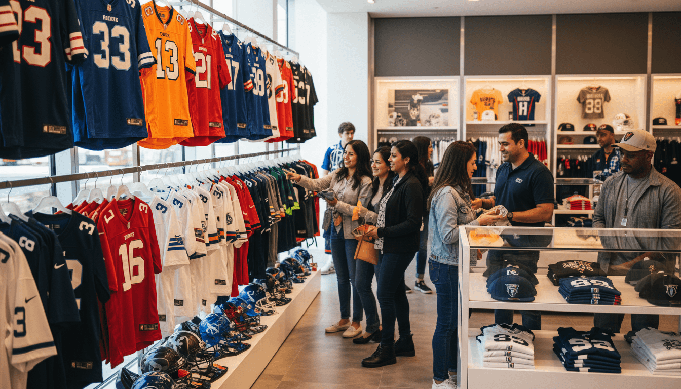 Sports jerseys in team colors stacked on a shelf