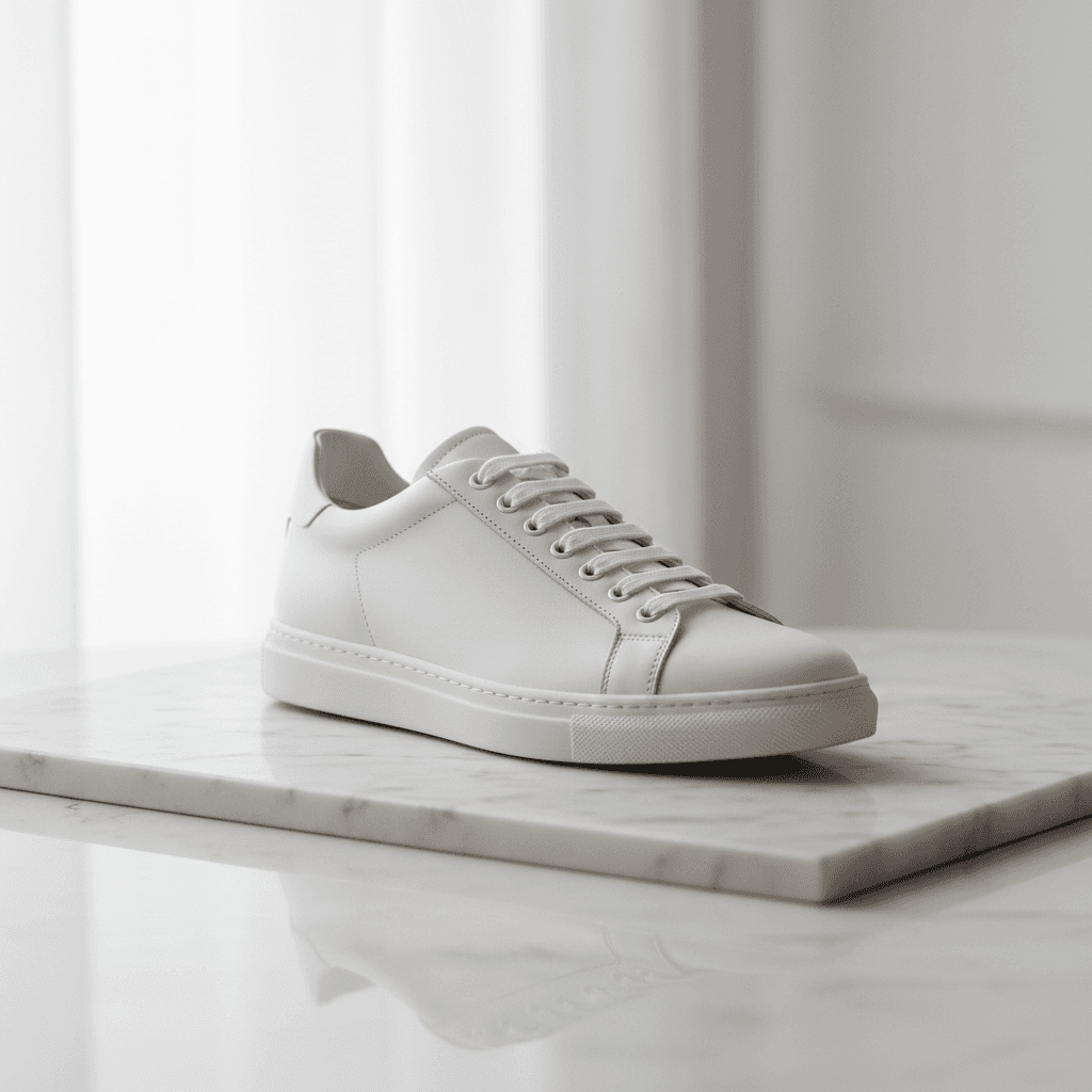 White sneakers on display with studio lighting