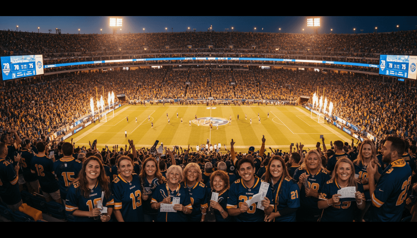 Passionate fans cheering at a soccer match in a large stadium