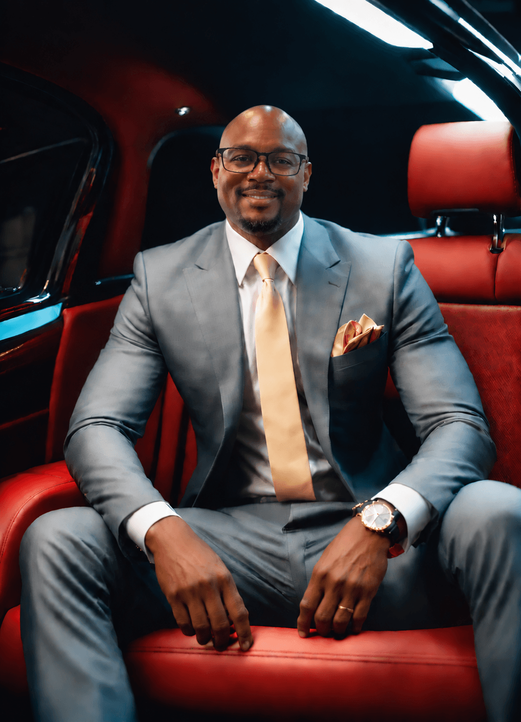 A smiling Black man in a grey suit and gold tie sits in a luxury car.