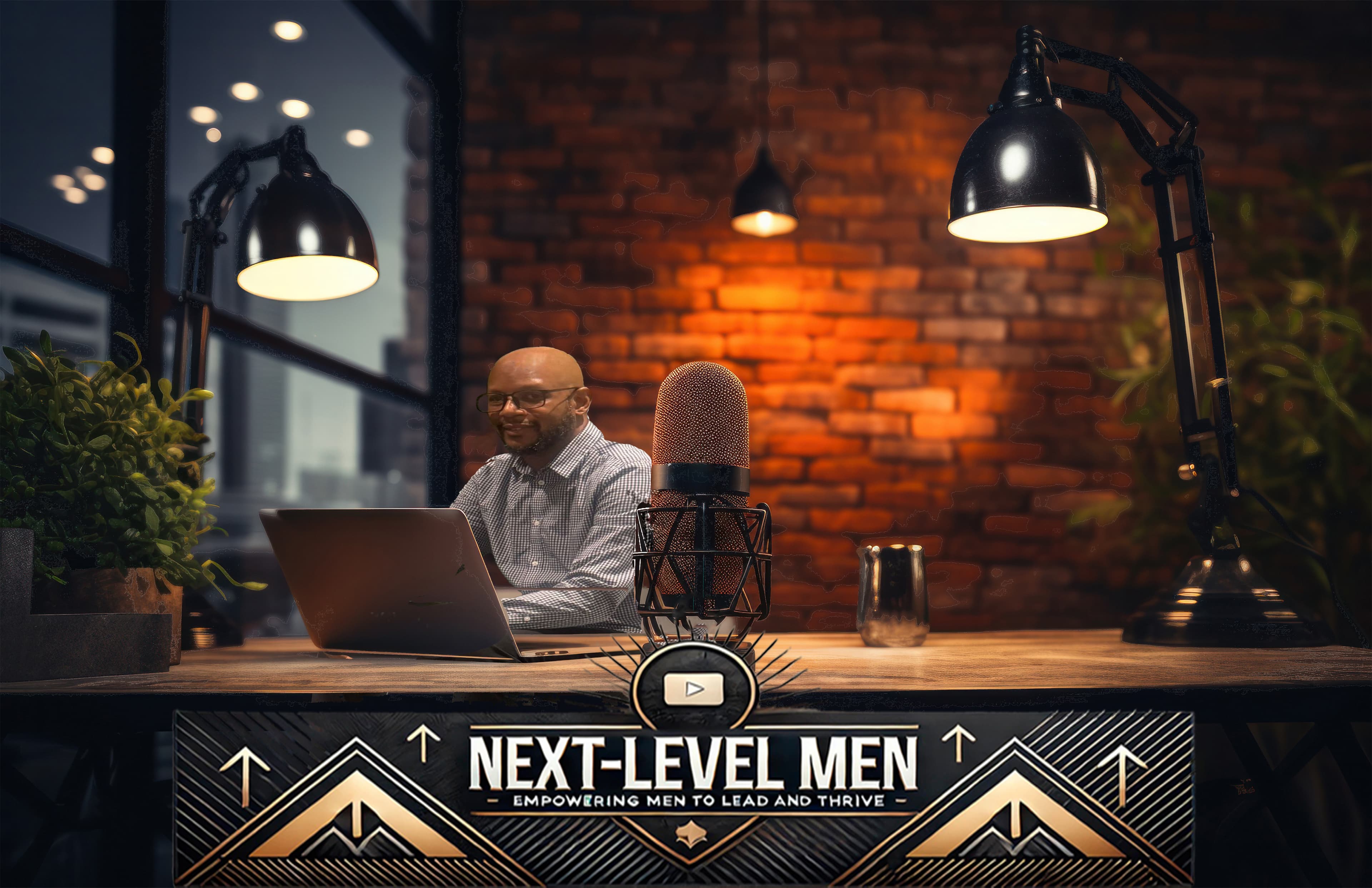 Man in a studio with a microphone and laptop for Next-Level Men podcast.